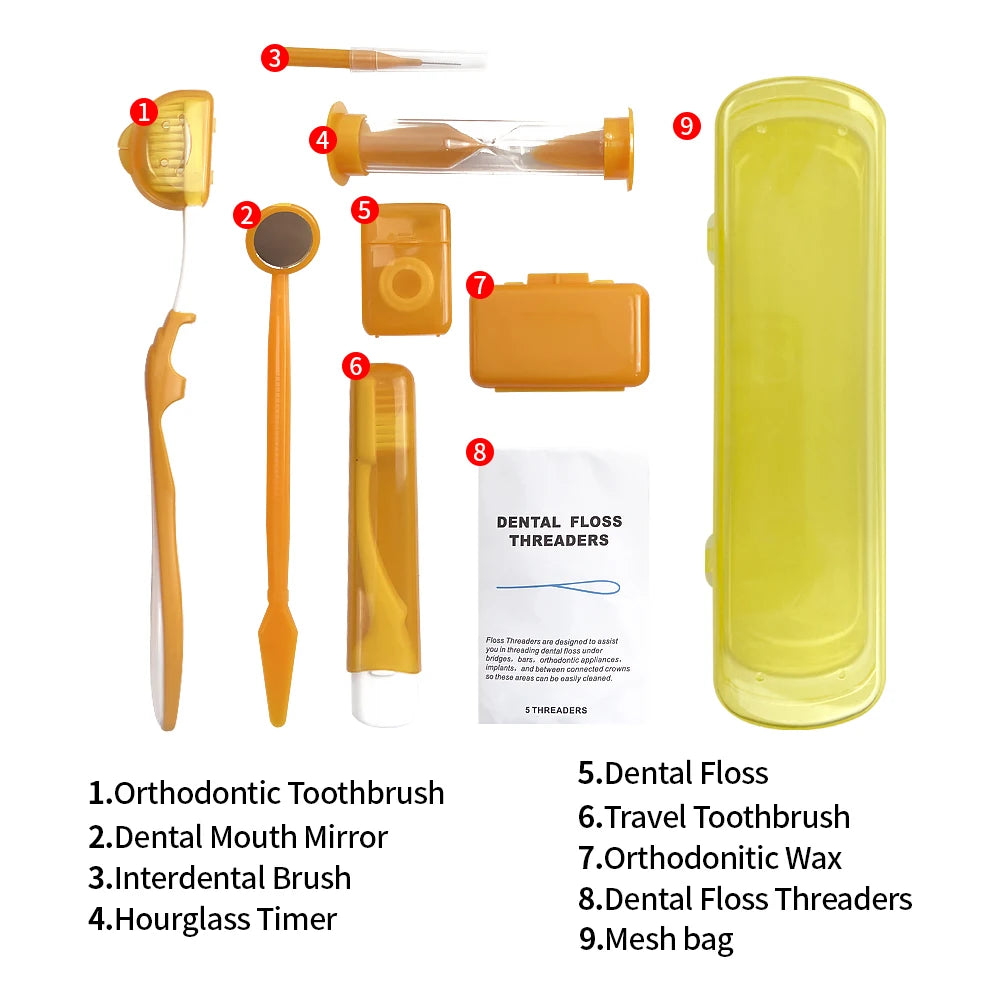 8pcs/Box Orthodontic Oral Care Kit Clean Braces Portable Travel Toothbrush Mirror Interdental Brush Supplies Floss Thread Tool