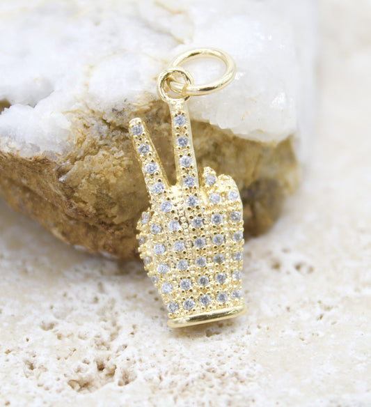 18k Gold Filled Peace Hand Sign With CZ Cubic Zirconia Stones-0